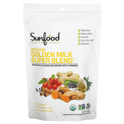 

Sunfood Органическая порошковая смесь Golden Milk Super Blend, 6 унций (168 г)