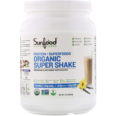 

Sunfood Protein + Superfoods, Organic Super Shake, Vanilla, 1.1 lb (498.9 g)