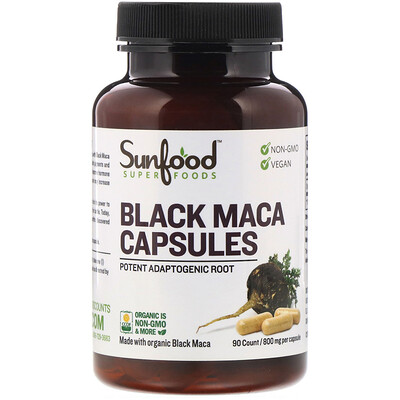 Sunfood Black Maca Capsules, 800 mg, 90 Capsules