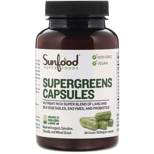 Sunfood, Supergreens Capsules, 620 mg, 90 Count