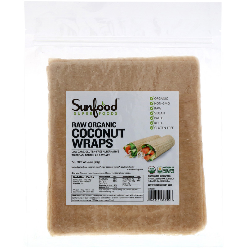 Sunfood, Raw Organic Coconut Wraps, 7 Wraps, 4.4 oz (126 g) iHerb