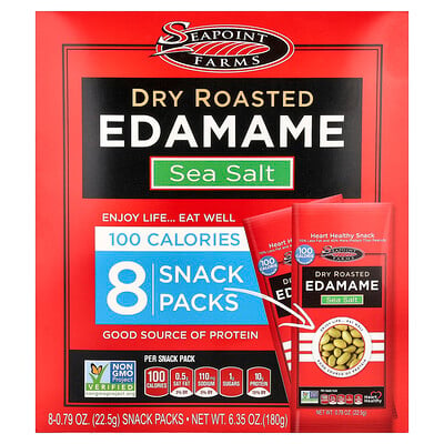 Seapoint Farms, Semillas de Soja Tostadas y Secas, Sal de Mar, 8 Paquetes de Refrigerios, 0.79 oz (22.5 g) C/U