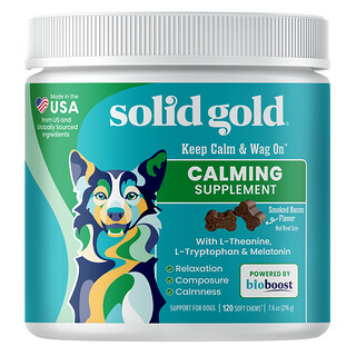 Solid Gold, Keep Calm & Wag On™, Suplemento calmante, Para perros, Tocino ahumado, 120 comprimidos masticables blandos, 216 g (7,6 oz)