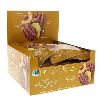 Sahale Snacks Глазированная смесь, банан, ром, пекан, 9 пакетиков, 42,5 г (1,5 унции) каждый