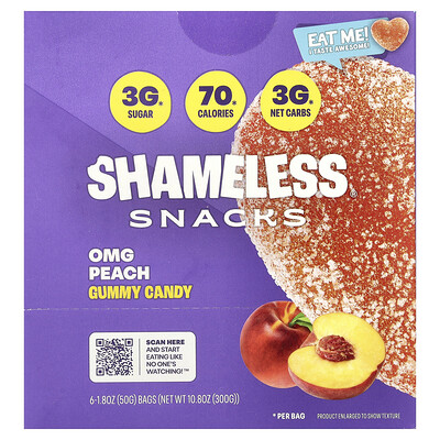 Shameless Snacks  Gummy Candy  OMG Peach  6 Bags  1.8 oz (50 g) Each