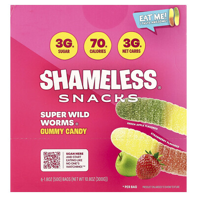 Product Image for Shameless Snacks, Super Wild Worms Gummy Candy, Green Apple and Strawberry, 6 Bags, 1.8 oz (50 g) Each