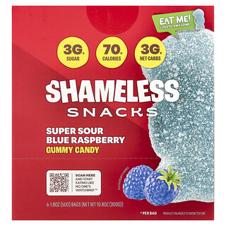 Shameless Snacks, Permen Permen Jeli, Rasberi Biru Super Asam, 6 Kantong, Masing-Masing 50 g 1,8 ons
