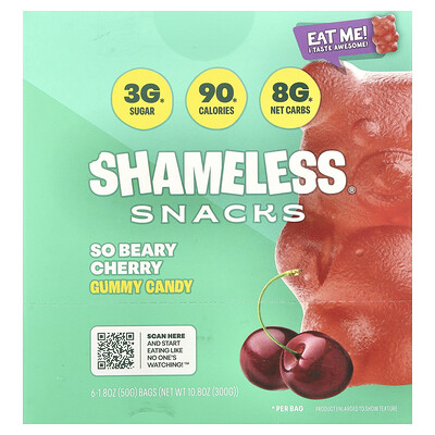 Shameless Snacks, Gomitas de caramelo, Cereza So Beary`` 6 bolsas, 50 g (1,8 oz) cada una