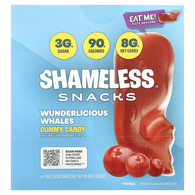 Shameless Snacks  Gummy Candy  Wunderlicious Whales  6 Bags  1.8 oz (50 g) Each
