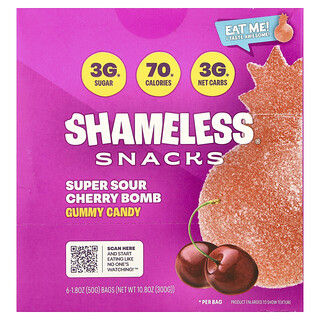 Shameless Snacks, Permen Permen Jeli, Bom Ceri Asam Super, 6 Kantong, Masing-Masing 50 g 1,8 ons