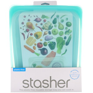 Отзывы о Stasher, Reusable Silicone Food Bag, Half Gallon Bag, Aqua, 64.2 fl oz (1.92 l)