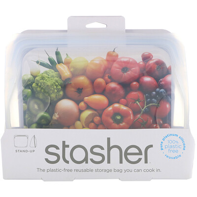 Stasher Reusable Silicone Food Bag, Stand Up Bag, Clear, 56 fl. oz. (128 g)  - купить со скидкой