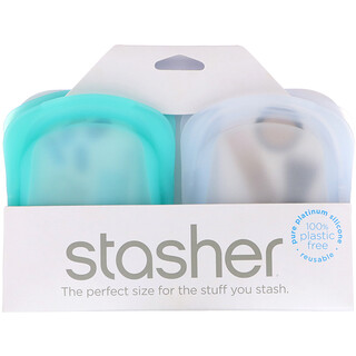 Stasher, Pochette réutilisable en silicone, Transparent et turquoise, Pack de 2, 42 g chacune