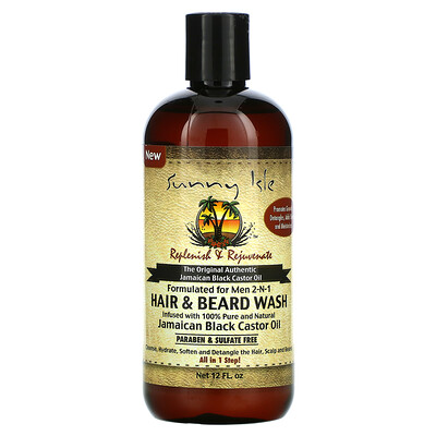 Sunny Isle Средство для мытья волос и бороды для мужчин 2-N-1 с ямайским черным касторовым маслом, 12 жидких унций