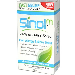 Sinol, полностью натуральный спрей для носа, быстрое облегчение при заложенности носа и аллергии, 15 мл