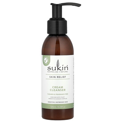 Sukin Cream Skin Relief, Cleanser, Sensitive, Destressed Skin, Fragrance Free, 4.23 Fl Oz (125 Ml)