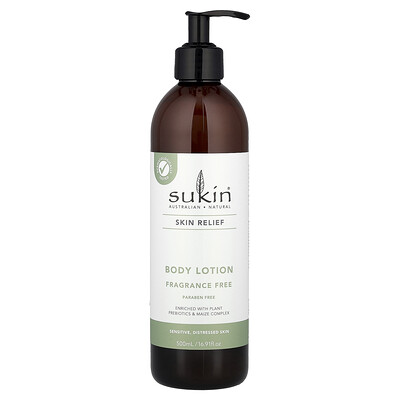 Sukin , Skin Relief, Body Lotion, Sensitive, Distressed Skin, Fragrance Free, 16.91 Fl Oz (500 Ml)