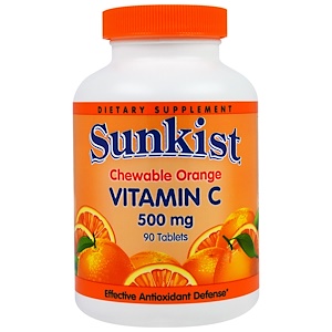 Sunkist, Витамин C, жевательные таблетки с апельсиновым вкусом, 500 мг, 90 таблеток