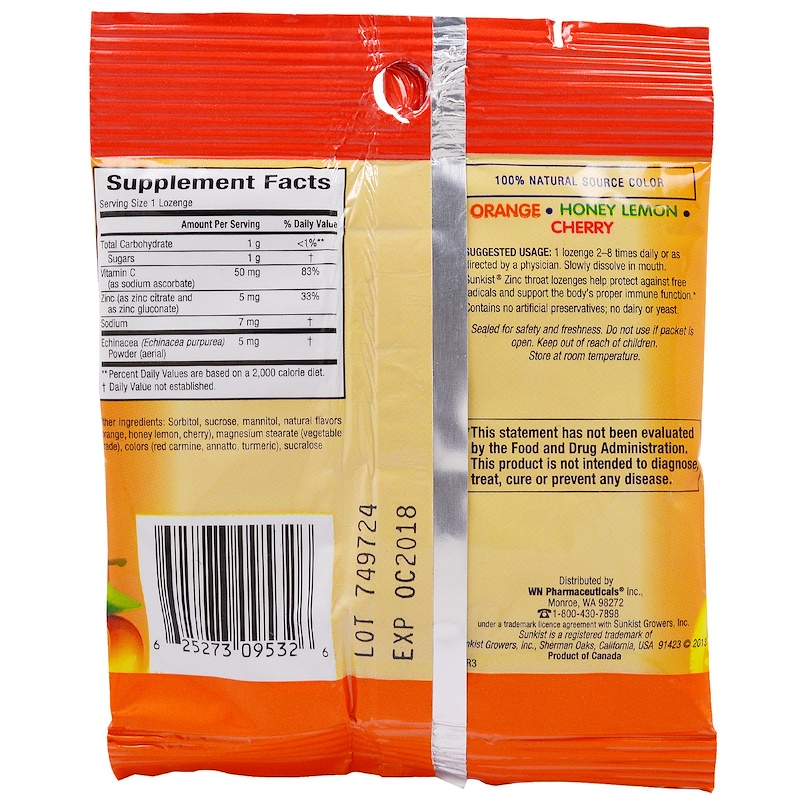 Sunkist, Zinc, Throat Lozenges with Vitamin C and Echinacea, Mixed