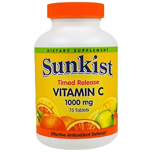 Sunkist, Витамин C замедленного высвобождения, 1000 мг, 75 таблеток