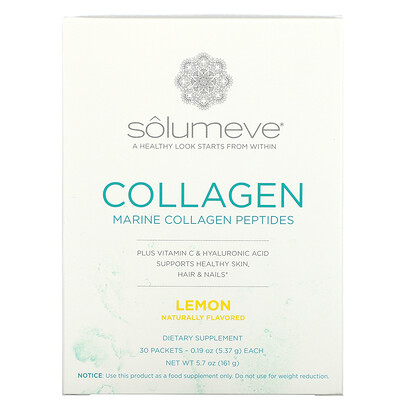 

Solumeve, Marine Collagen Peptides Plus Vitamin C and Hyaluronic Acid, Lemon, 30 Packets, 0.19 oz (5.37 g) Each