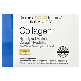 California Gold Nutrition, Péptidos de colágeno marino más vitamina C y ácido hialurónico, Limón, 30 sobres, 5,38 g (0,19 oz) cada uno