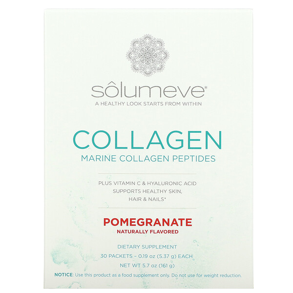 Solumeve, コラーゲンペプチドプラスビタミンC＆ヒアルロン酸、ザクロ、30袋、各5.15 g（0.18 oz）