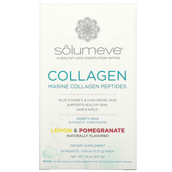 Solumeve‏, פפטידים של קולגן עם ויטמין C וחומצה היאלורונית, אריזה מגוונת, לימון ורימון, 10 שקיקים, 5.15 גרם (0.18 אונקיות) כל אחד