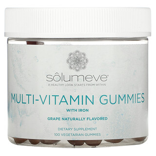 Solumeve, 멀티 비타민 구미 젤리, 젤라틴 미함유, 포도맛, 식물성 구미 젤리 100개