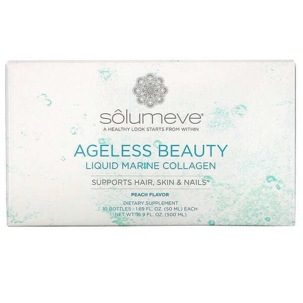 Solumeve, Ageless Beauty, Liquid Marine Collagen with CoQ10 & Botanicals, Hair, Skin & Nail Support, Peach Flavor, 10 Bottles, 1.69 fl oz (50 ml) Each