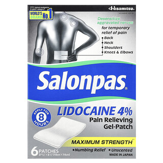Salonpas, Parches de gel para aliviar el dolor con 4 % de lidocaína, Máxima concentración, Sin fragancia, 6 parches