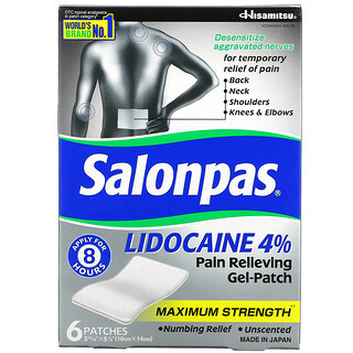 Salonpas, Lidocaine 4% Pain Relieving Gel-Patch, Maximum Strength, Unscented, 6 Patches