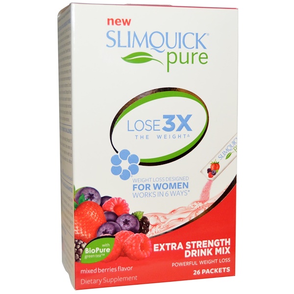 SlimQuick, Slimquick, экстра мощная и чистая питьевая смесь для похудения с ягодным вкусом, 26 пакетов