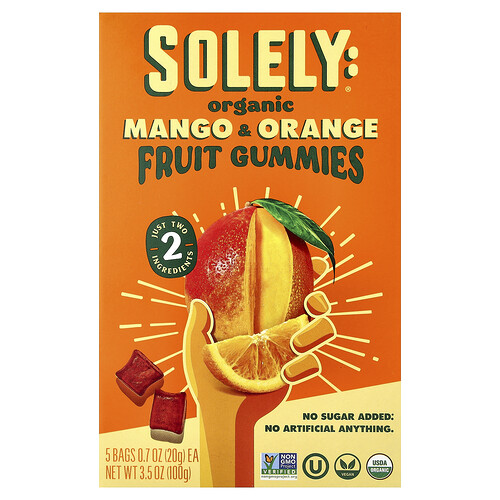 Solely, Organic Fruit Gummies, Mango & Orange, 5 Bags, 0.7 oz (20 g) Each