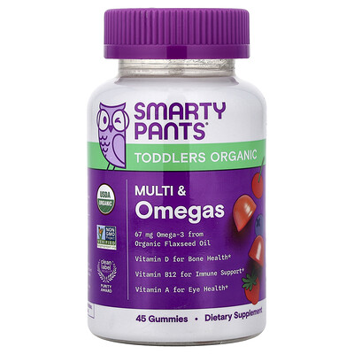 SmartyPants, Gomitas orgánicas con múltiples ingredientes y omega para niños pequeños, Bayas y cerezas mixtas, 45 gomitas
