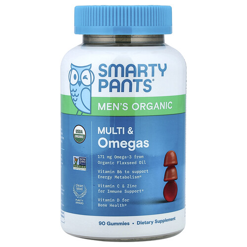 SmartyPants, Men’s Organic Multi & Omegas Gummies, Raspberry, Orange, and Cherry, 90 Gummies
