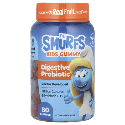 The Smurfs  Kids Gummy  Digestive Probiotic  Ages 3+  Smurf Berry   80 Gummies