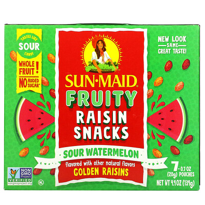

Sun-Maid Fruity Raisin Snacks, кислый арбуз, 7 пакетиков по 20 г (0,7 унции)