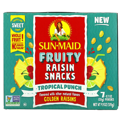 Sun-Maid Фруктовые закуски с изюмом, тропический пунш, 7 пакетиков по 20 г (0,7 унции)