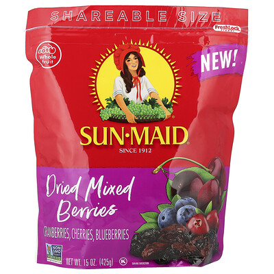 Sun-Maid, Bayas mixtas deshidratadas, Arándanos rojos, cerezas y arándanos azules, 425 g (15 oz)