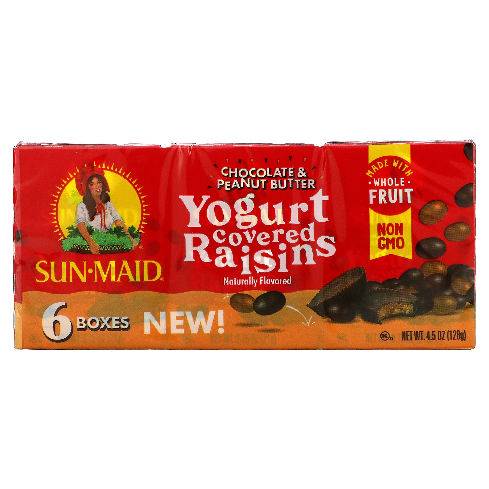 SunMaid, Yogurt Covered Raisins, Chocolate & Peanut Butter, 6 Boxes, 0
