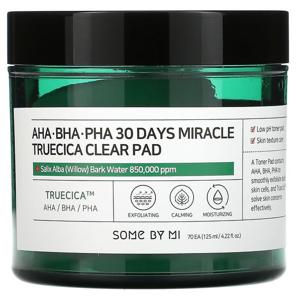 AHA/BHA/PHA 30 天 Miracle Truecica 清潔爽膚墊，70 片，4.22 液量盎司（125 毫升）