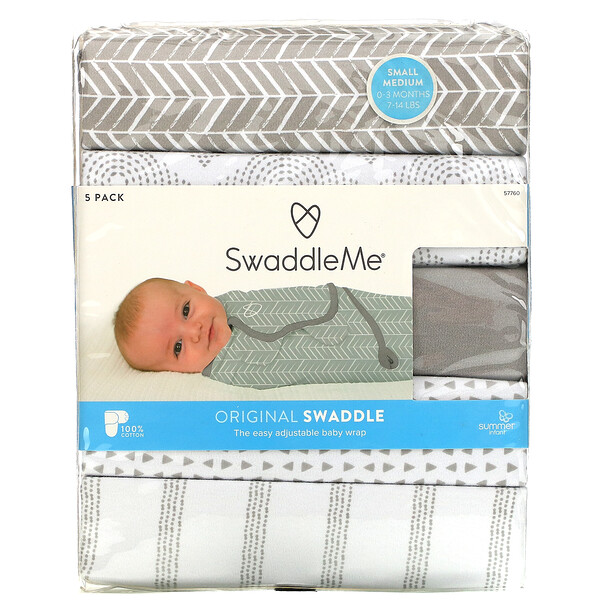 Summer Infant‏, SwaddleMe, הכריכה המקורית, סמול/מדיום, לבני 0-3 חודשים, אפור, 5 יחידות