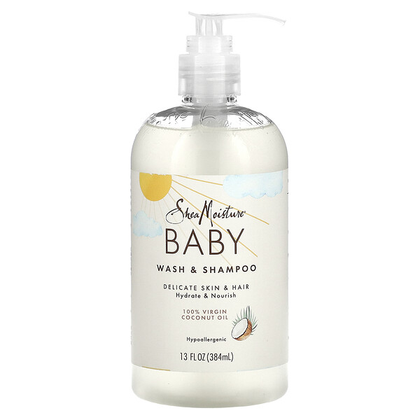 SheaMoisture‏, שמפו וסבון רחצה לתינוקות עם 100% שמן קוקוס כתית, בתוספת אפונה ריחנית ומורומורו, 384 מ"ל (13 אונקיות נוזל)