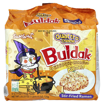 Buldak , Buldak™, Stir-Fried Ramen, Spicy Chicken, Quattro Cheese, 5 Packs, 5.11 Oz (145 G) Each