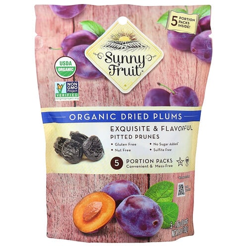 Sunny Fruit, Organic Dried Plums, getrocknete Bio-Pflaumen, 5 Portionspackungen, je 30 g (1,06 oz.).
