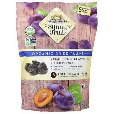 Sunny Fruit, Ciruelas deshidratadas orgánicas, 5 paquetes porciones, 30 g (1,06 oz) cada uno