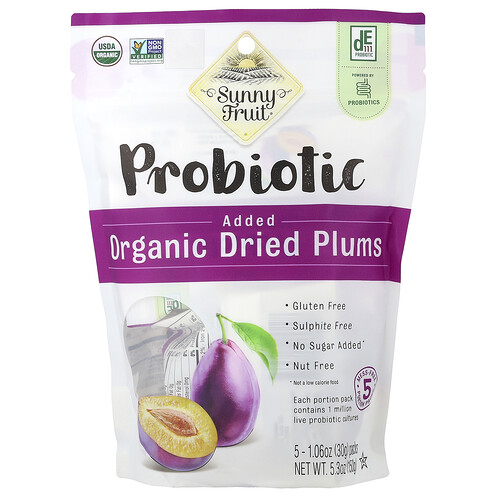 Sunny Fruit Organic Dried Plums With Added Probiotics, 5 Packs, 1.06 oz (30 g) Each