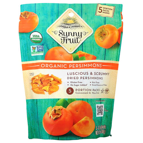 Sunny Fruit, Organic Dried Persimmons, getrocknete Bio-Kakis, 5 Portionspackungen, je 20 g (0,7 oz.).
