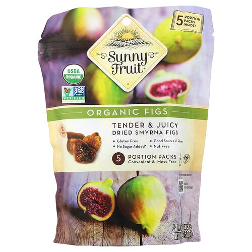 Sunny Fruit, Organic Dried Figs, getrocknete Bio-Feigen, 5 Portionspackungen, je 50 g (1,76 oz.).